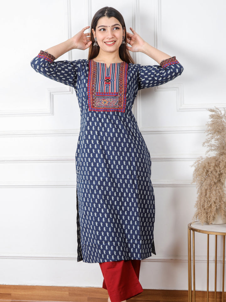 Ruhani Denim Blue Kutch Mirror Neck Work Ajrak Print Cotton Kurti-D1
