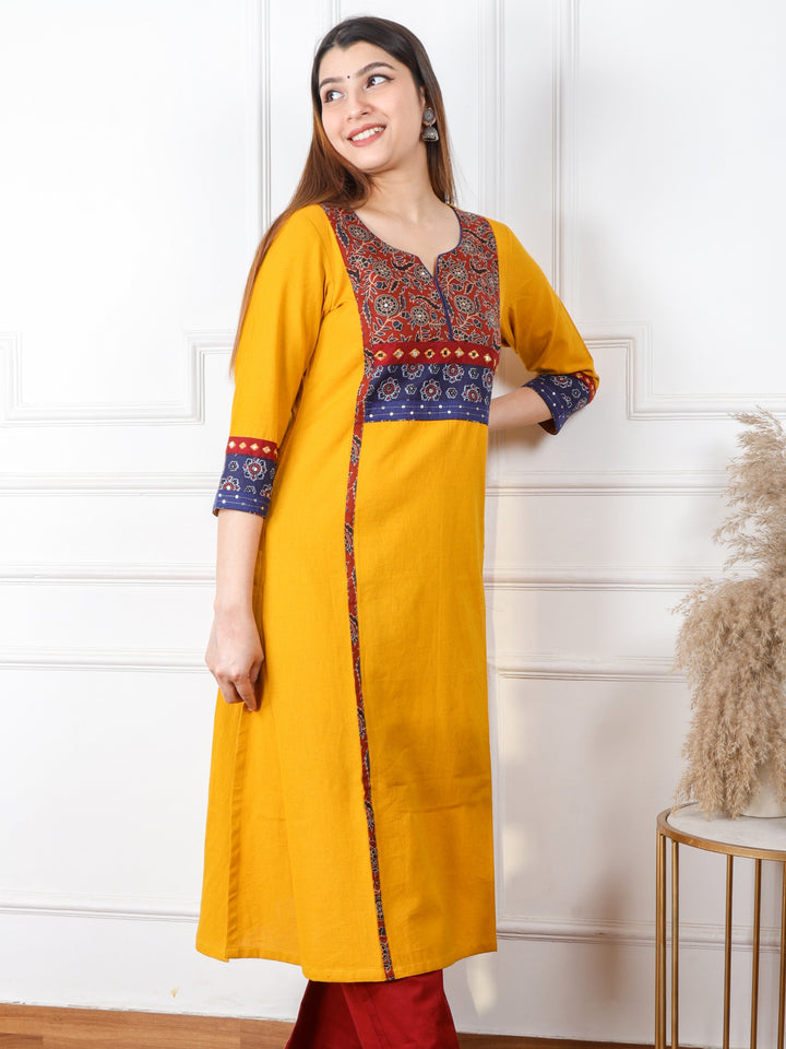 Ruhani Canary Yellow Kutch Mirror Neck Work Ajrak Print Cotton Kurti-D1