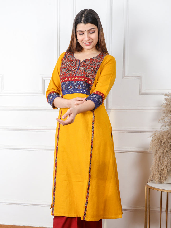 Ruhani Canary Yellow Kutch Mirror Neck Work Ajrak Print Cotton Kurti-D1