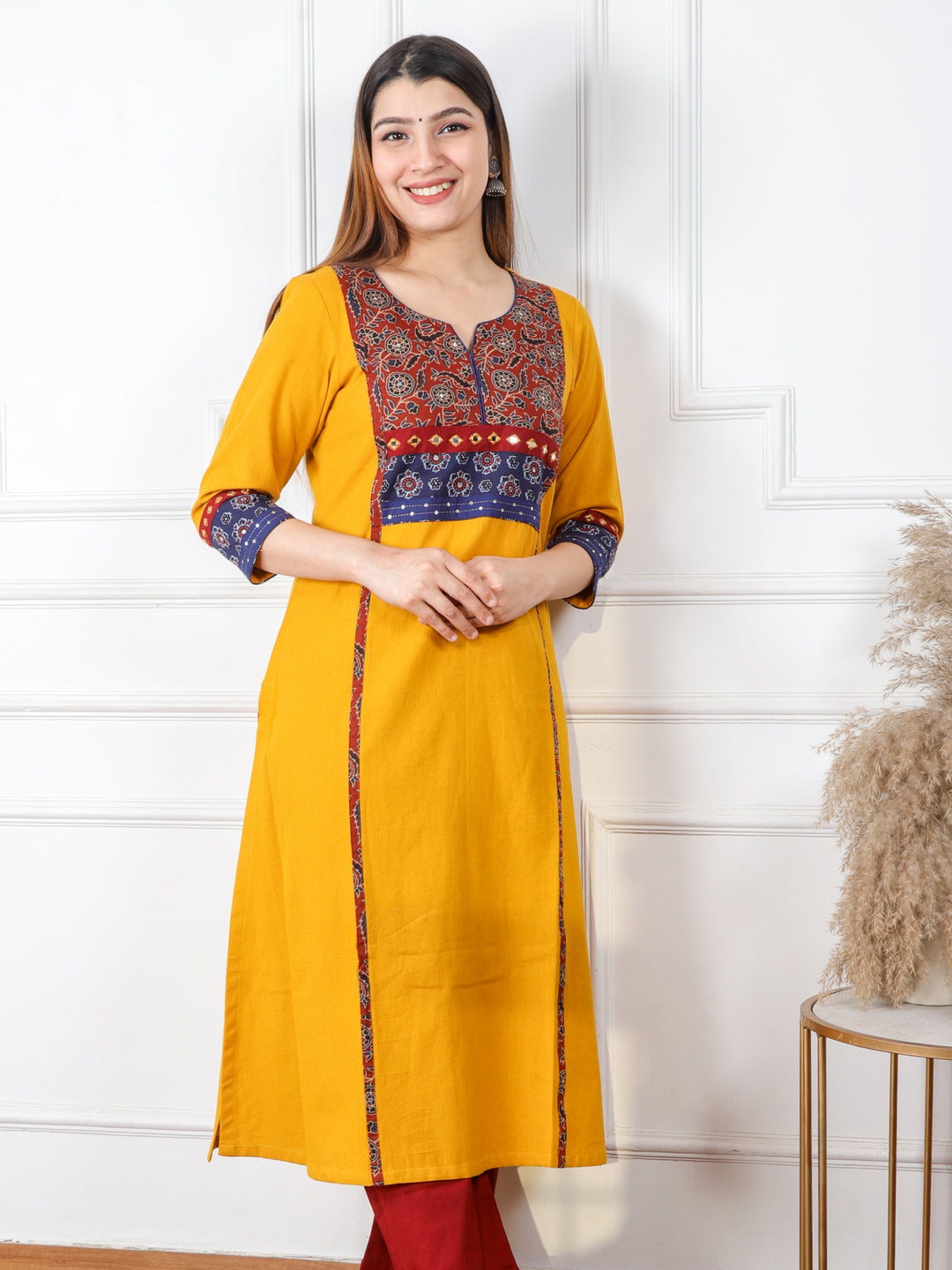 Ruhani Canary Yellow Kutch Mirror Neck Work Ajrak Print Cotton Kurti-D1