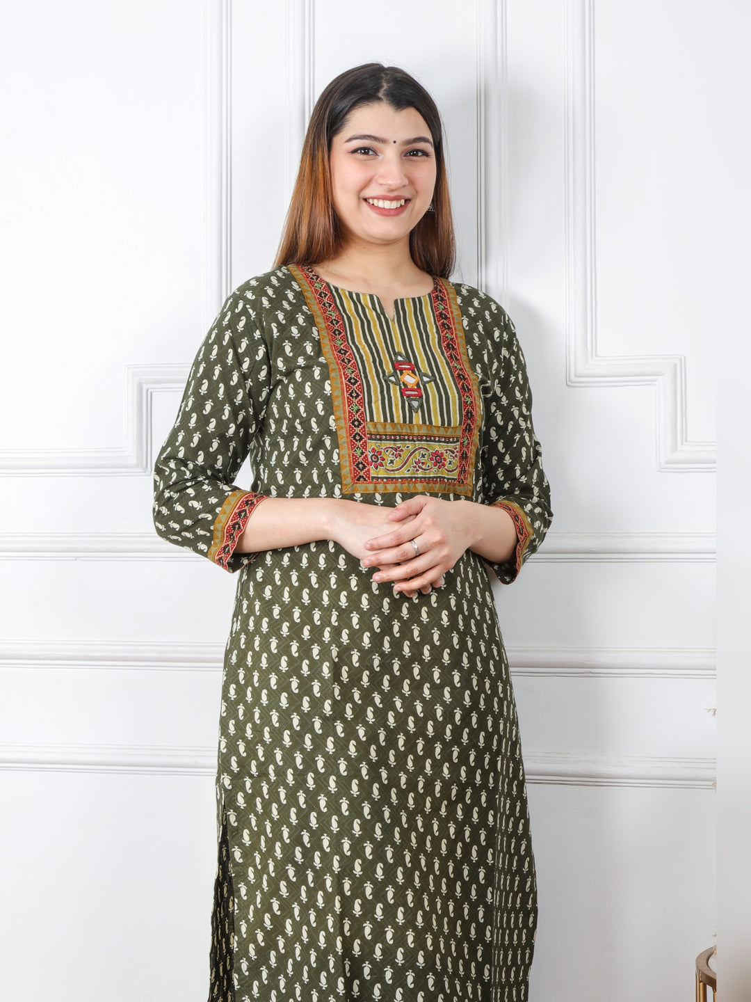Ruhani Dark Green Kutch Mirror Neck Work Ajrak Print Cotton Kurti-D1