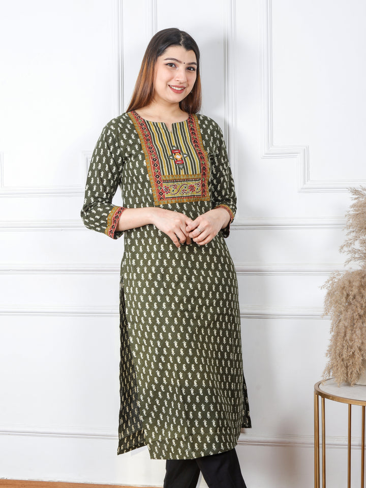 Ruhani Dark Green Kutch Mirror Neck Work Ajrak Print Cotton Kurti-D1