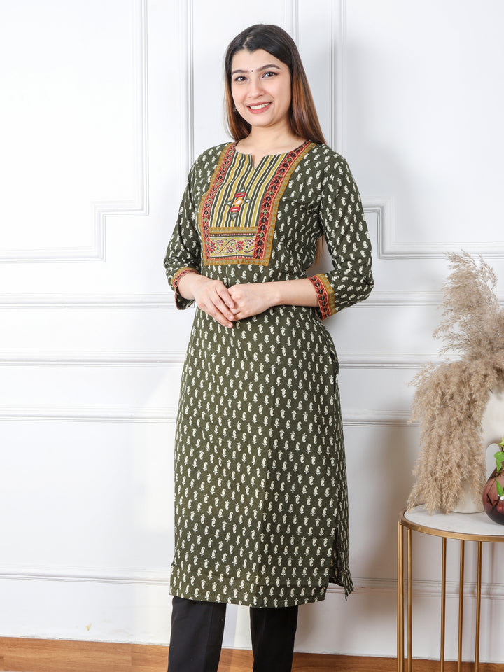 Ruhani Dark Green Kutch Mirror Neck Work Ajrak Print Cotton Kurti-D1