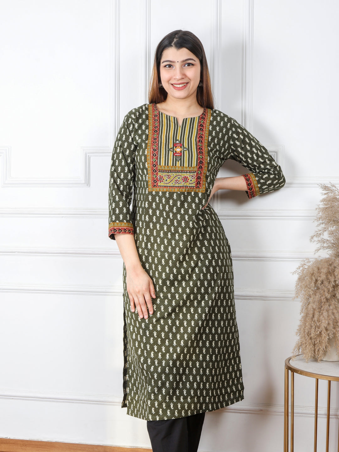 Ruhani Dark Green Kutch Mirror Neck Work Ajrak Print Cotton Kurti-D1