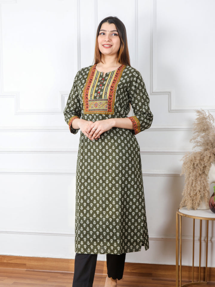 Ruhani Dark Green Kutch Mirror Neck Work Ajrak Print Cotton Kurti-D2