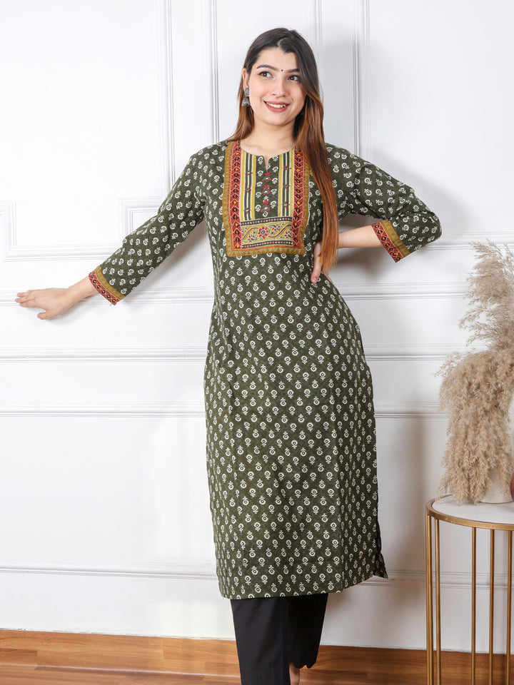 Ruhani Dark Green Kutch Mirror Neck Work Ajrak Print Cotton Kurti-D2