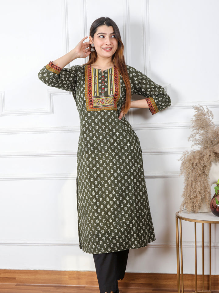 Ruhani Dark Green Kutch Mirror Neck Work Ajrak Print Cotton Kurti-D2