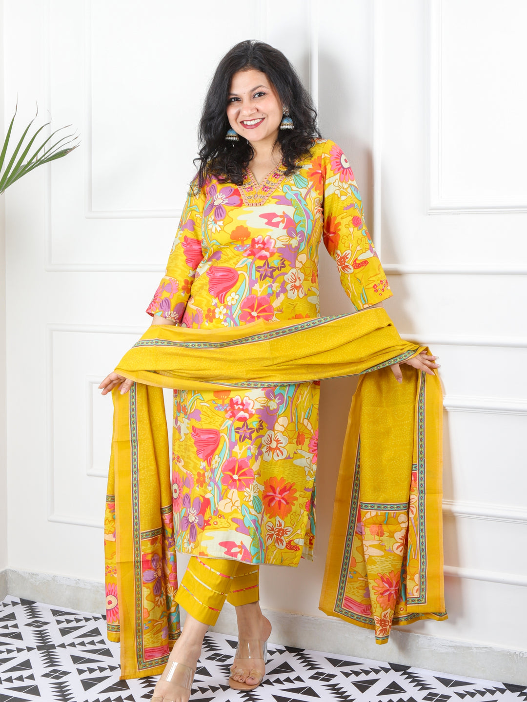 Rivaish Canary Yellow V Neck Embellished Neck with Floral Print Modal 3 Piece Set