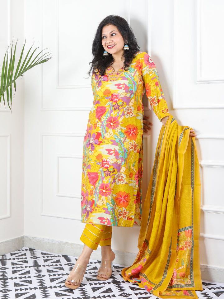 Rivaish Canary Yellow V Neck Embellished Neck with Floral Print Modal 3 Piece Set