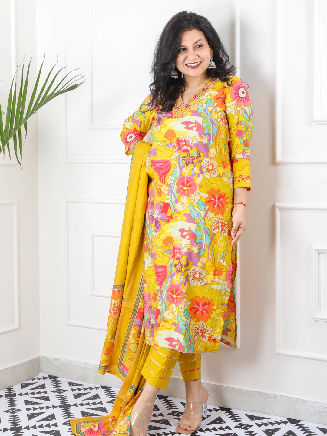 Rivaish Canary Yellow V Neck Embellished Neck with Floral Print Modal 3 Piece Set