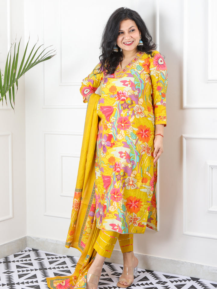 Rivaish Canary Yellow V Neck Embellished Neck with Floral Print Modal 3 Piece Set