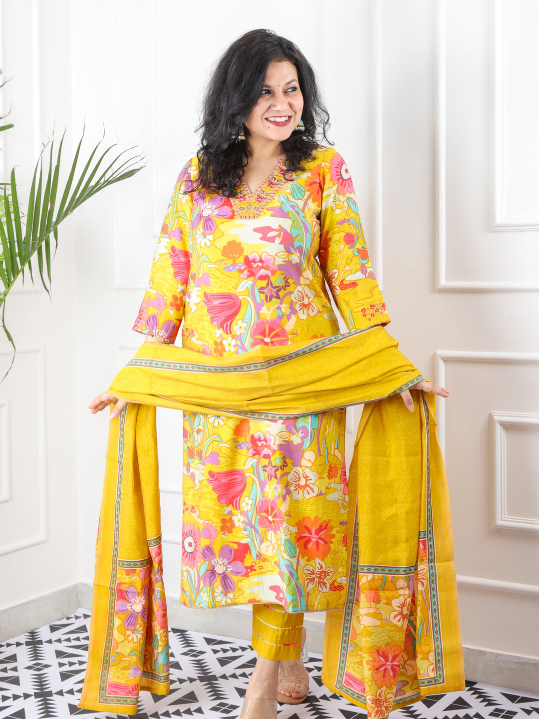 Rivaish Canary Yellow V Neck Embellished Neck with Floral Print Modal 3 Piece Set