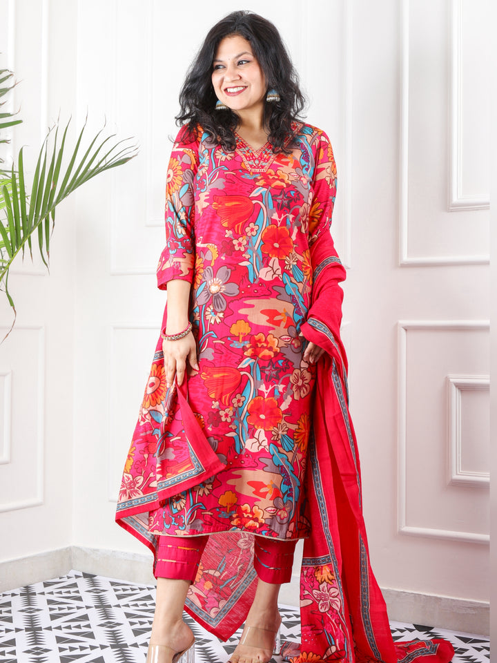 Rivaish Rani Pink V Neck Embellished Neck with Floral Print Modal 3 Piece Set