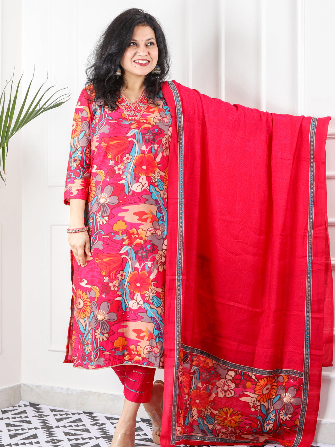 Rivaish Rani Pink V Neck Embellished Neck with Floral Print Modal 3 Piece Set