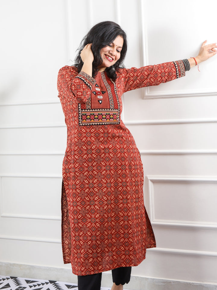 Ghoomer Cherry Red Mirror Neck Kutch Embroidery Ajrak Print Cotton Kurti-D5