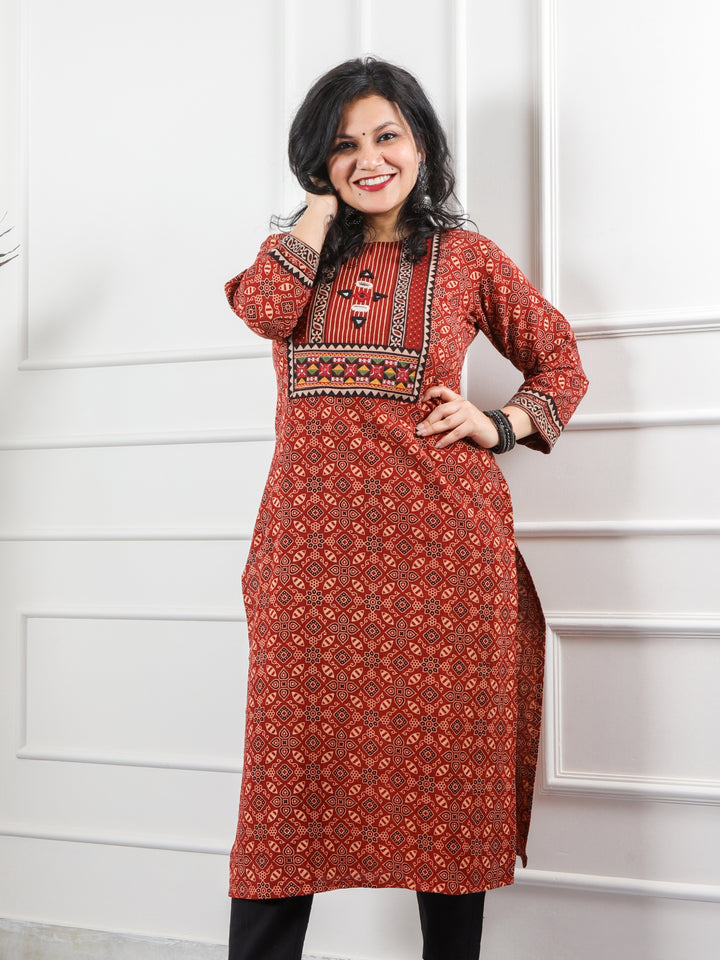 Ghoomer Cherry Red Mirror Neck Kutch Embroidery Ajrak Print Cotton Kurti-D5