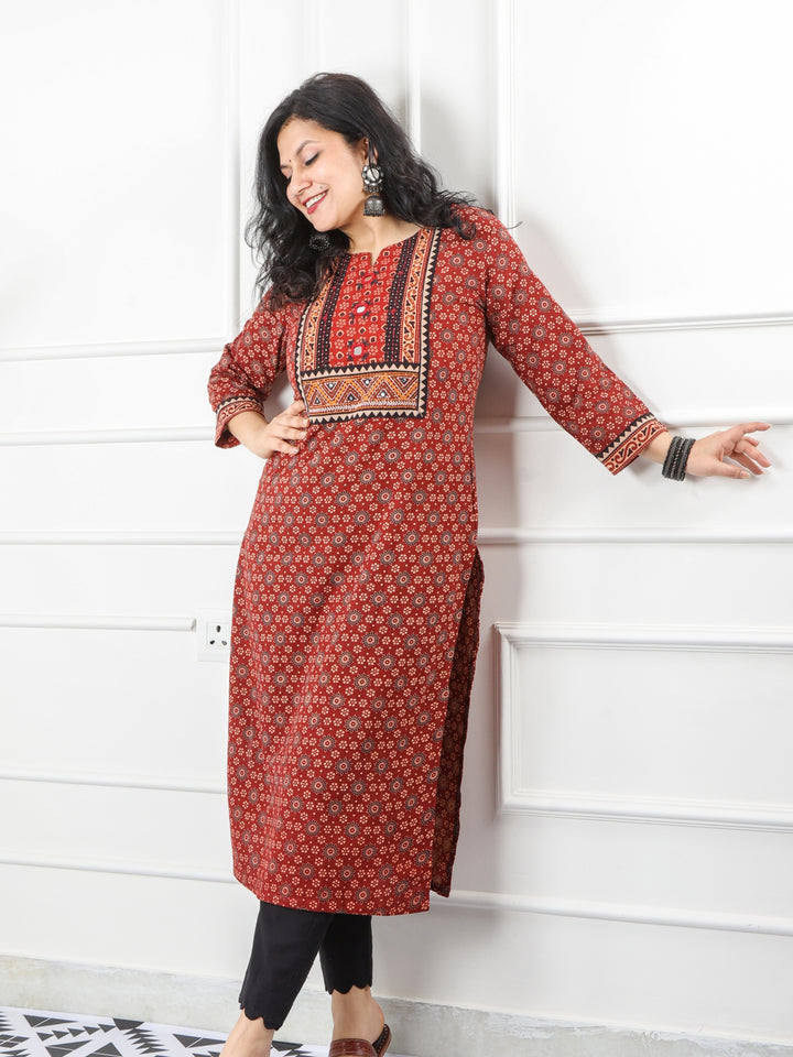 Ghoomer Apple Red Mirror Neck Kutch Embroidery Ajrak Print Cotton Kurti-D1