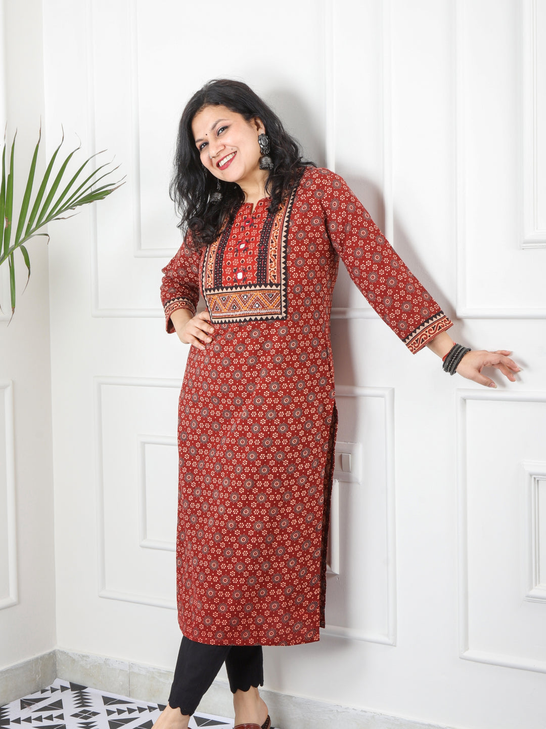 Ghoomer Apple Red Mirror Neck Kutch Embroidery Ajrak Print Cotton Kurti-D1