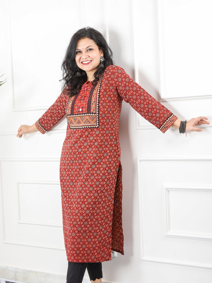 Ghoomer Apple Red Mirror Neck Kutch Embroidery Ajrak Print Cotton Kurti-D1