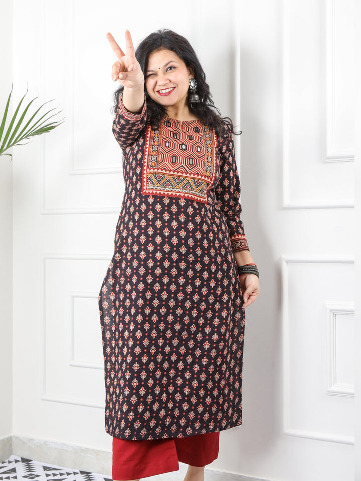 Ghoomer Ruby Black Mirror Neck Kutch Embroidery Ajrak Print Cotton Kurti-D4