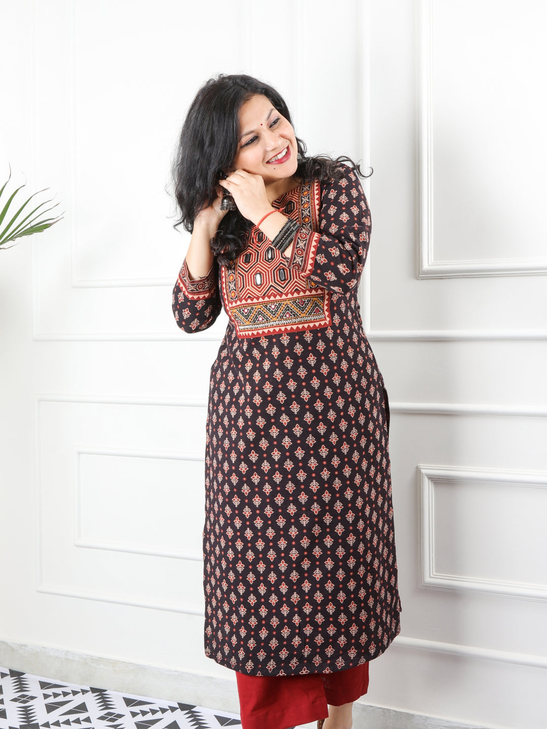 Ghoomer Ruby Black Mirror Neck Kutch Embroidery Ajrak Print Cotton Kurti-D4