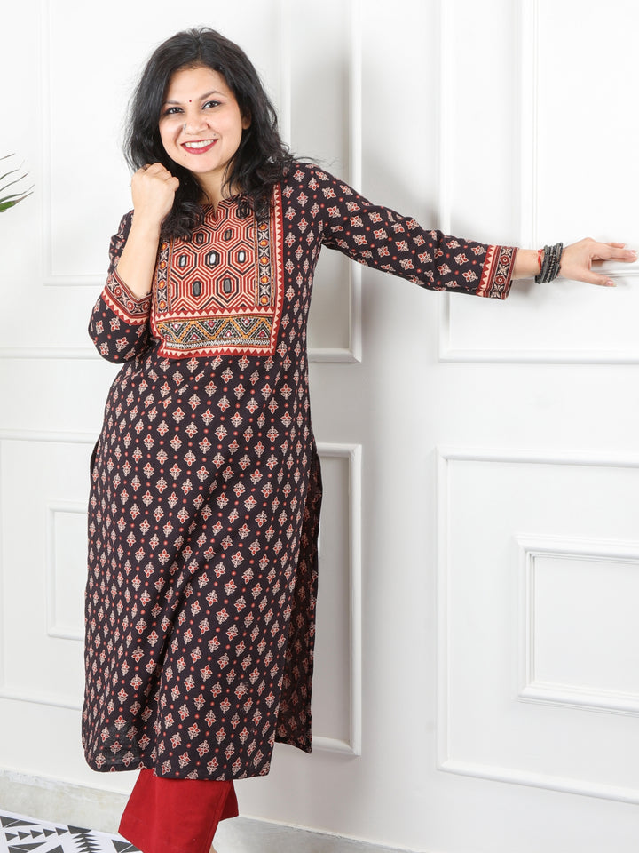 Ghoomer Ruby Black Mirror Neck Kutch Embroidery Ajrak Print Cotton Kurti-D4