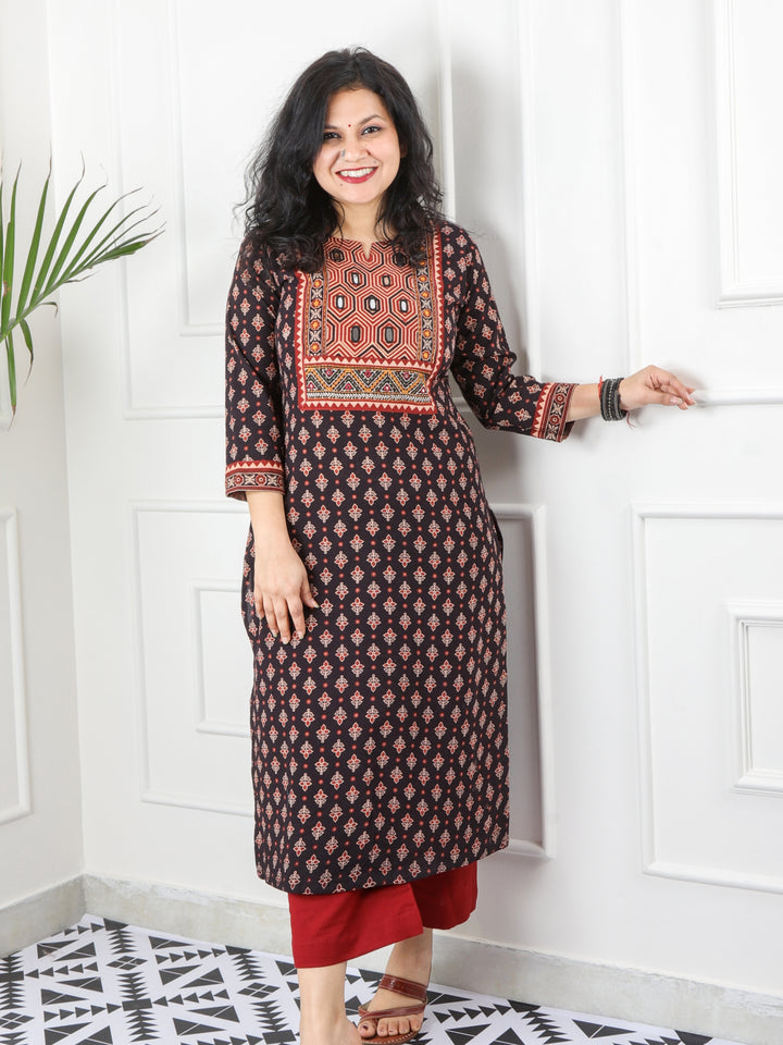 Ghoomer Ruby Black Mirror Neck Kutch Embroidery Ajrak Print Cotton Kurti-D4