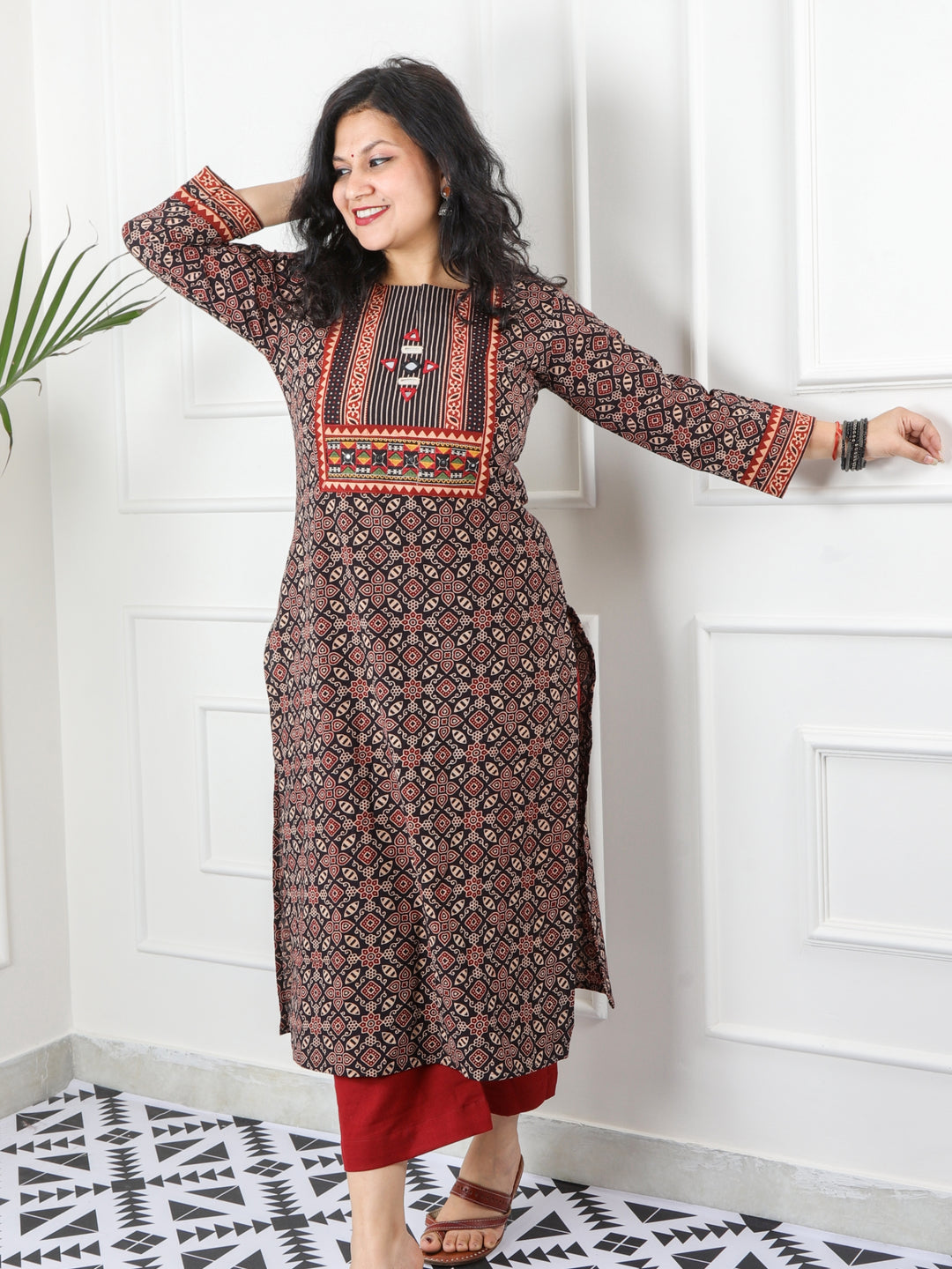 Ghoomer Ruby Black Mirror Neck Kutch Embroidery Ajrak Print Cotton Kurti-D5