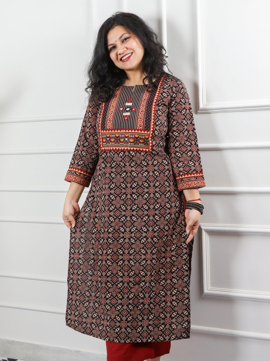 Ghoomer Ruby Black Mirror Neck Kutch Embroidery Ajrak Print Cotton Kurti-D5