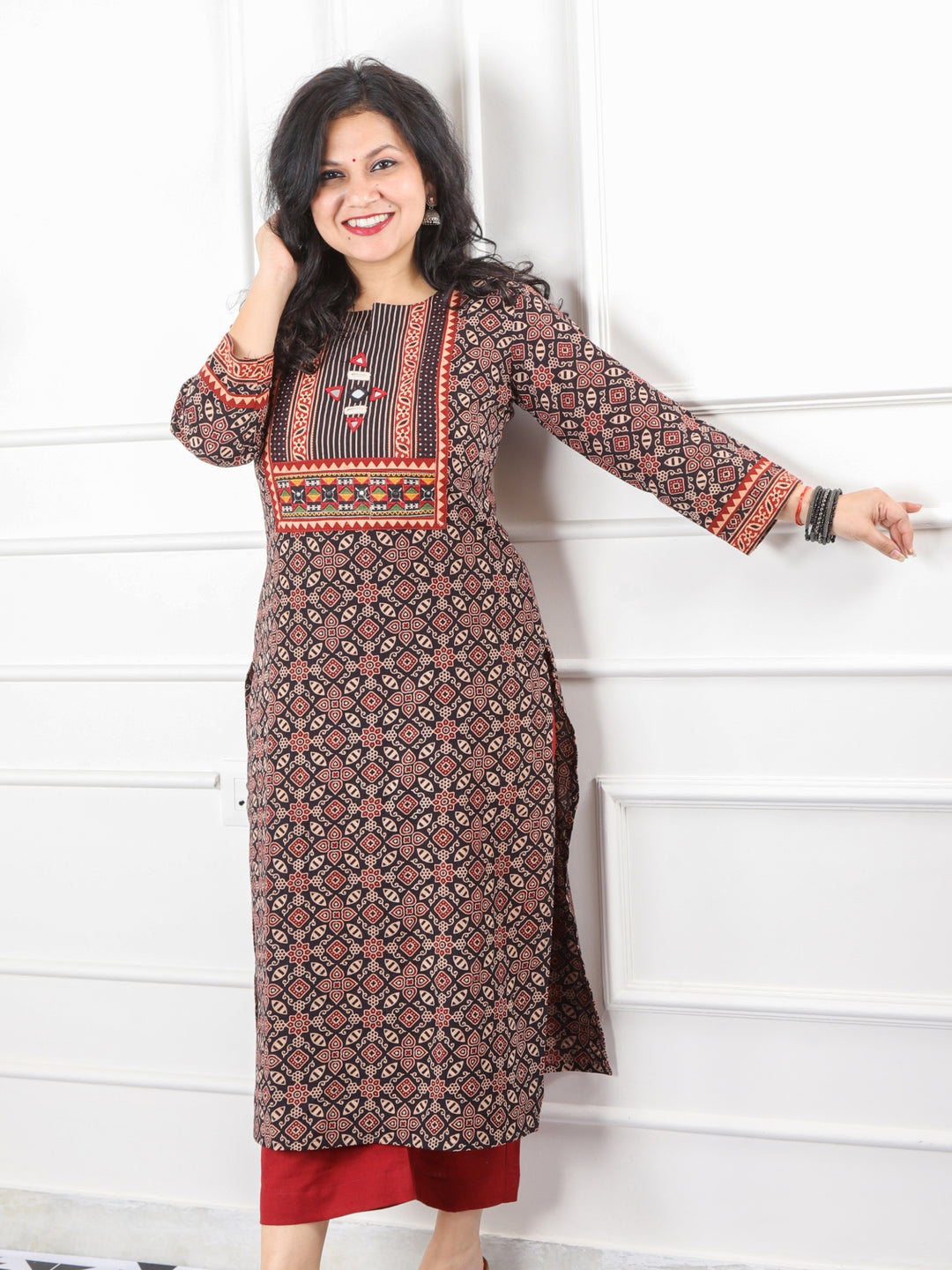 Ghoomer Ruby Black Mirror Neck Kutch Embroidery Ajrak Print Cotton Kurti-D5