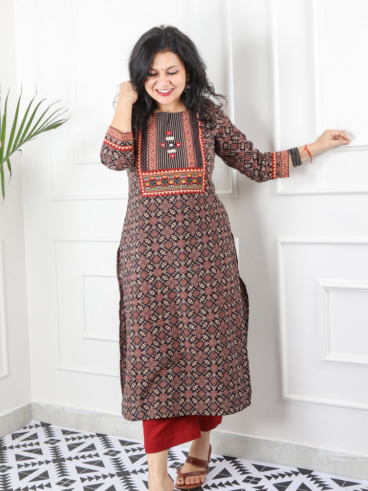 Ghoomer Ruby Black Mirror Neck Kutch Embroidery Ajrak Print Cotton Kurti-D5
