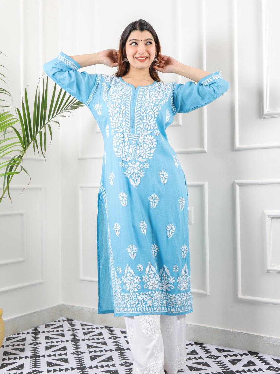 Raabta Stone Blue Premium Modal Fancy Hand Work Chikankari Kurti-D2