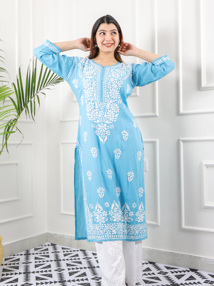 Raabta Stone Blue Premium Modal Fancy Hand Work Chikankari Kurti-D2