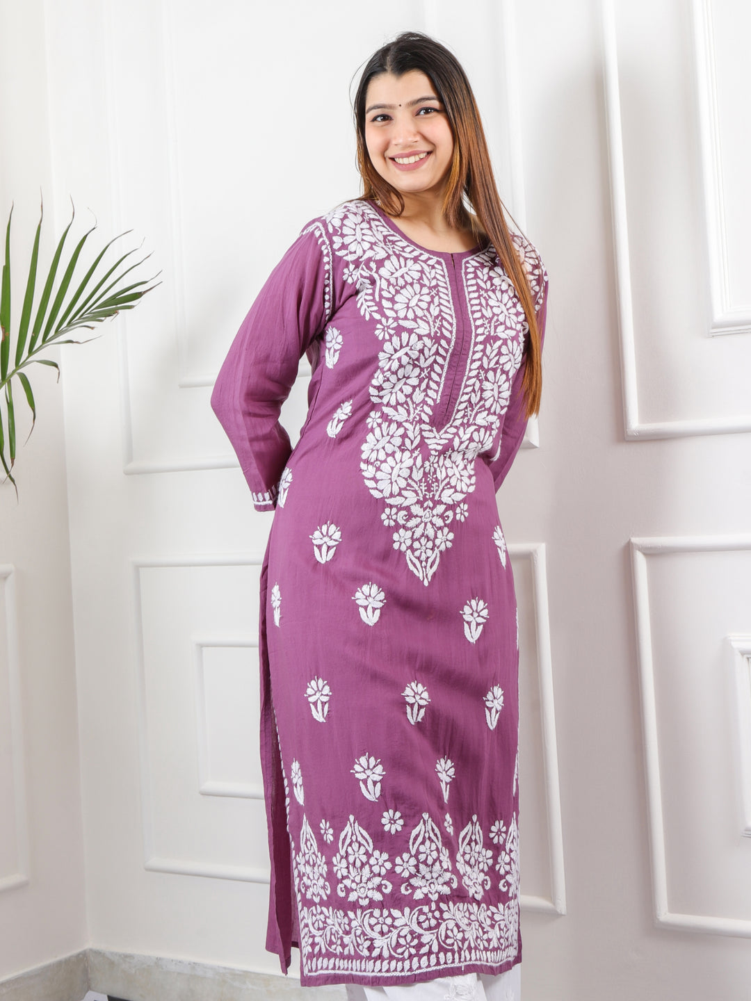 Raabta Dark Mauve Purple Premium Modal Fancy Hand Work Chikankari Kurti-D2