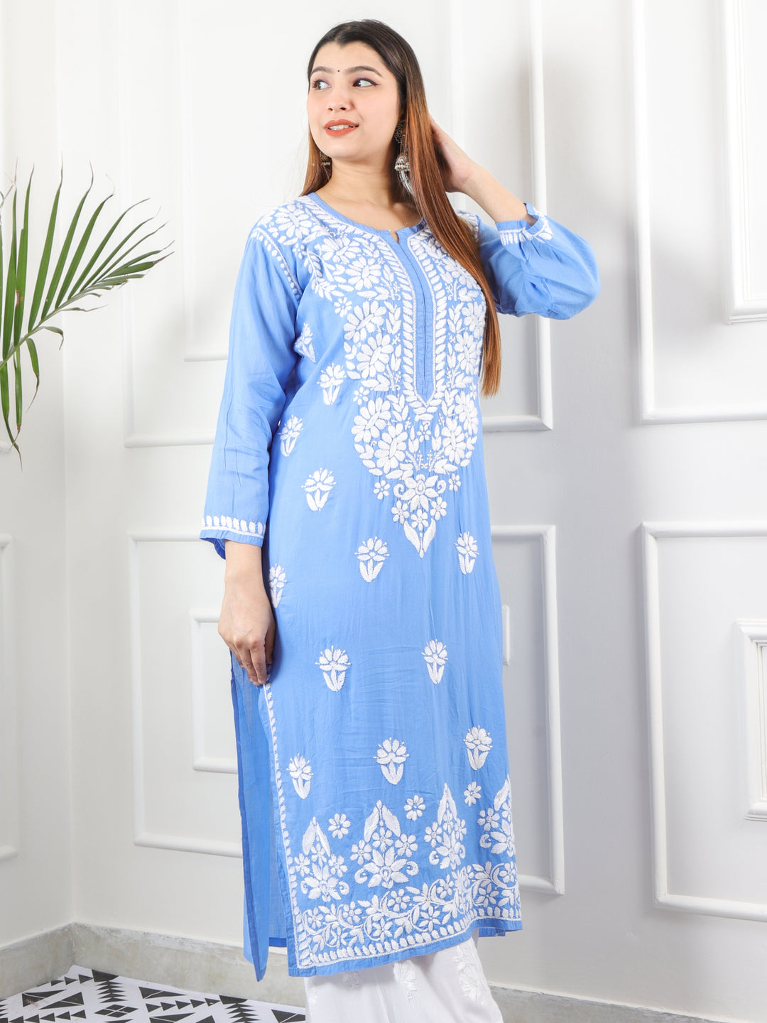 Raabta Cerulean Blue Premium Modal Fancy Hand Work Chikankari Kurti-D2