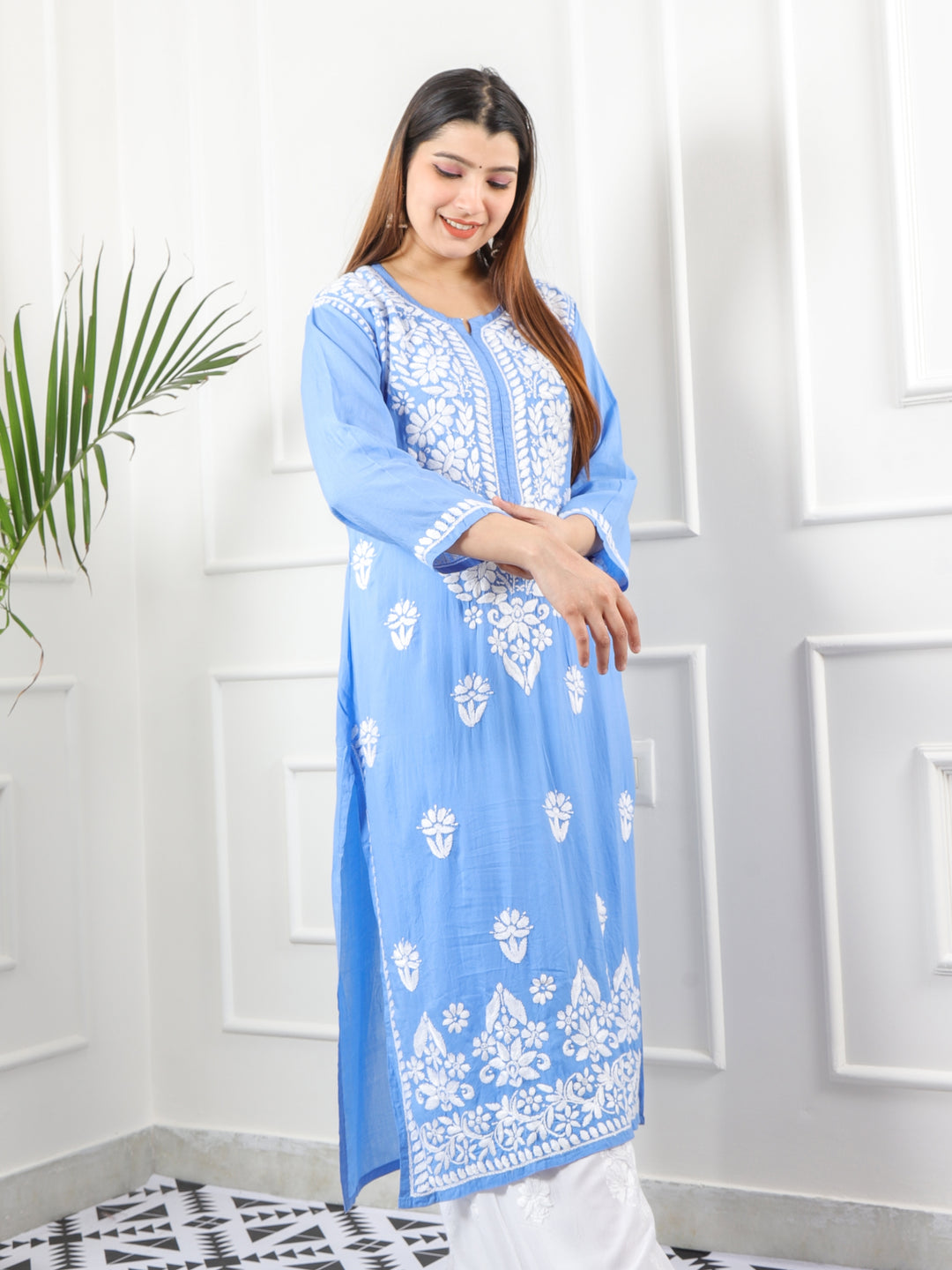 Raabta Cerulean Blue Premium Modal Fancy Hand Work Chikankari Kurti-D2