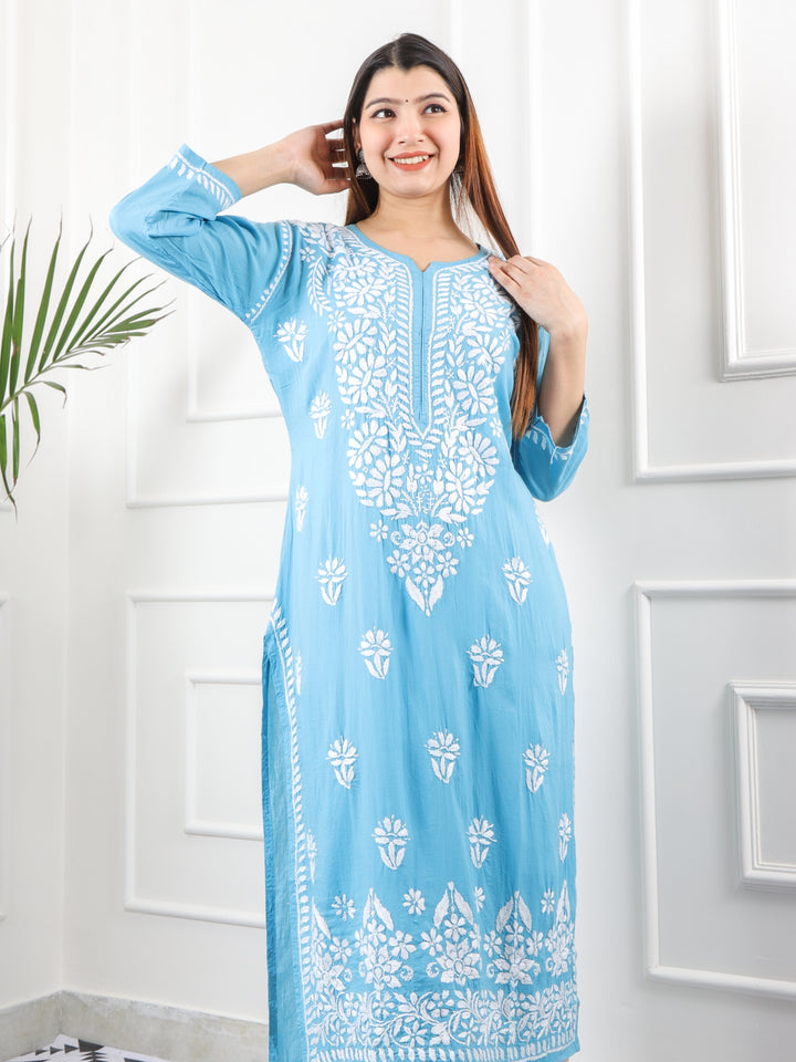 Raabta Stone Blue Premium Modal Fancy Hand Work Chikankari Kurti-D2