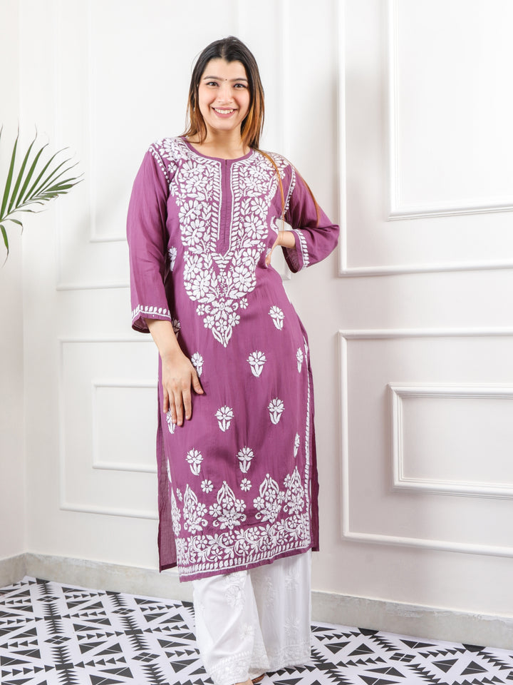 Raabta Dark Mauve Purple Premium Modal Fancy Hand Work Chikankari Kurti-D2