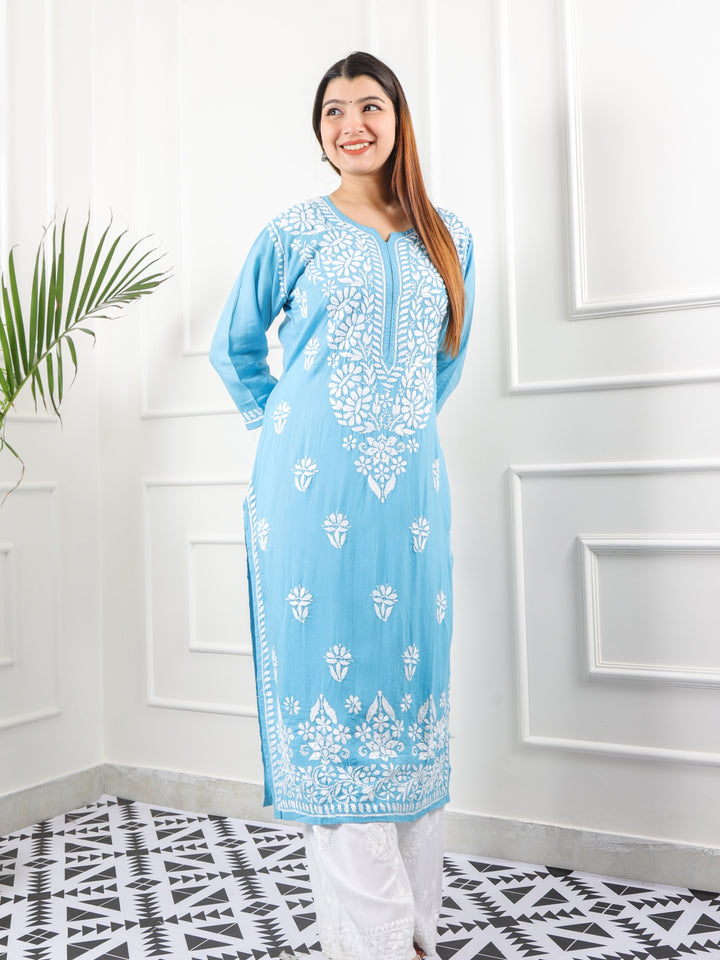 Raabta Stone Blue Premium Modal Fancy Hand Work Chikankari Kurti-D2