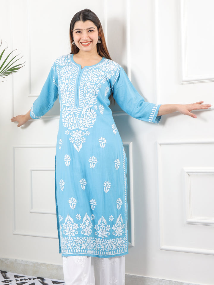 Raabta Stone Blue Premium Modal Fancy Hand Work Chikankari Kurti-D2