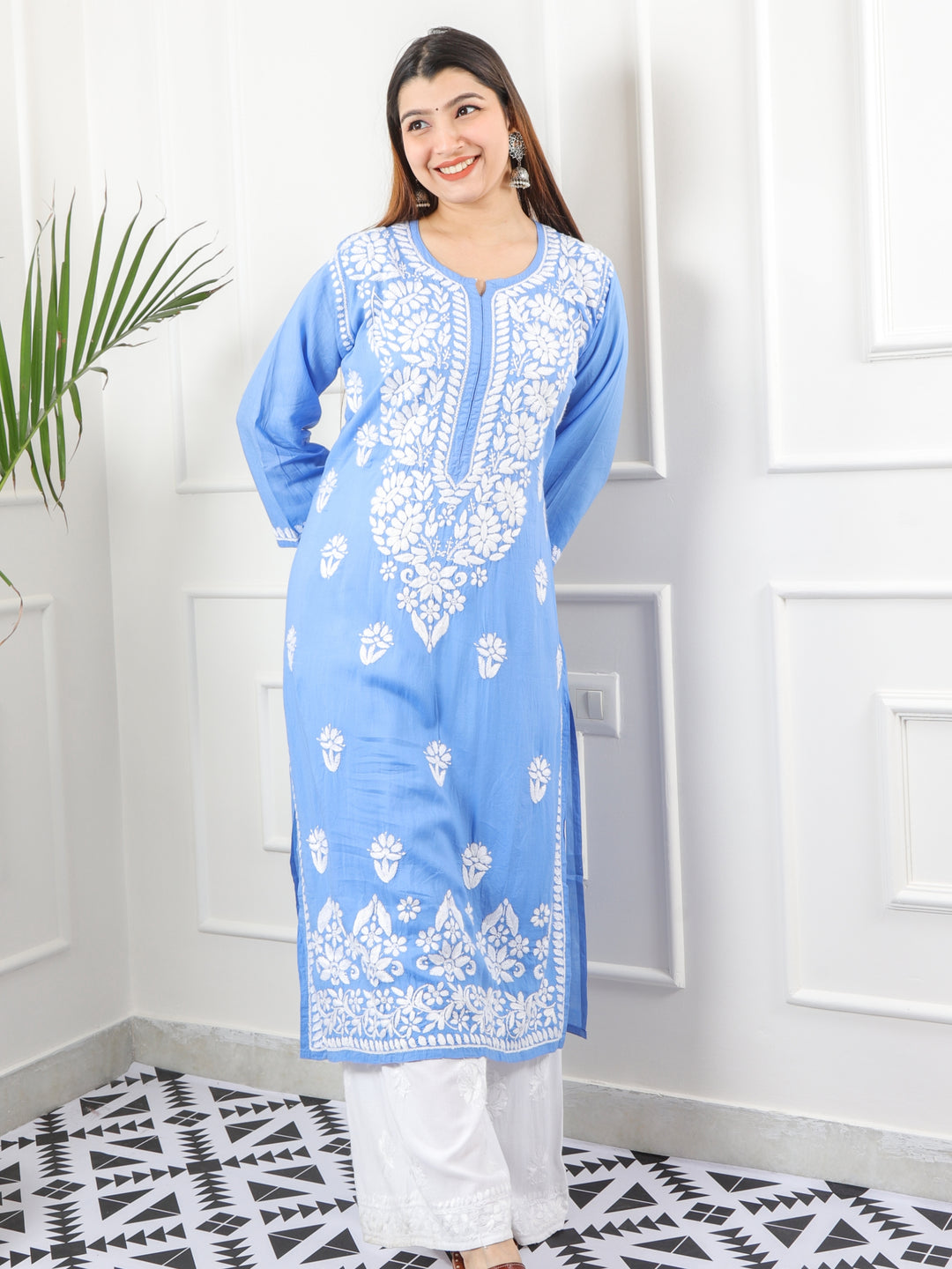 Raabta Cerulean Blue Premium Modal Fancy Hand Work Chikankari Kurti-D2