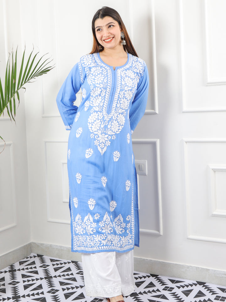 Raabta Cerulean Blue Premium Modal Fancy Hand Work Chikankari Kurti-D2