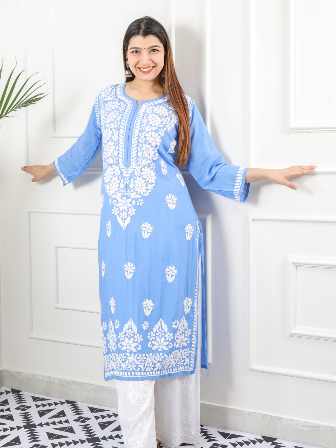 Raabta Cerulean Blue Premium Modal Fancy Hand Work Chikankari Kurti-D2