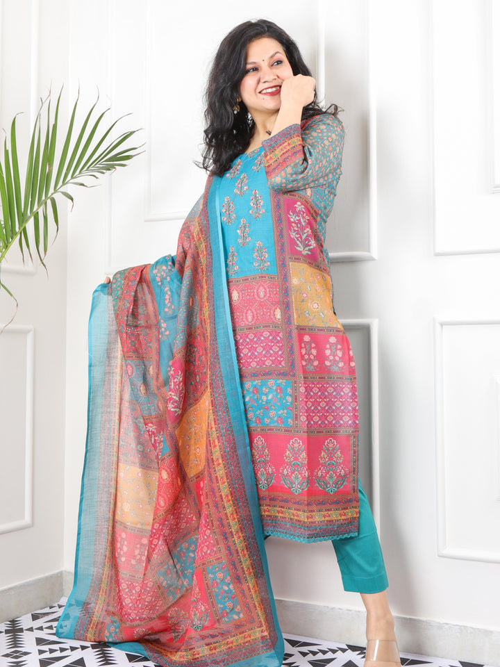 Rukhsati Colorful Moti Work Neck with Printed Cotton Linen 3 Piece Set