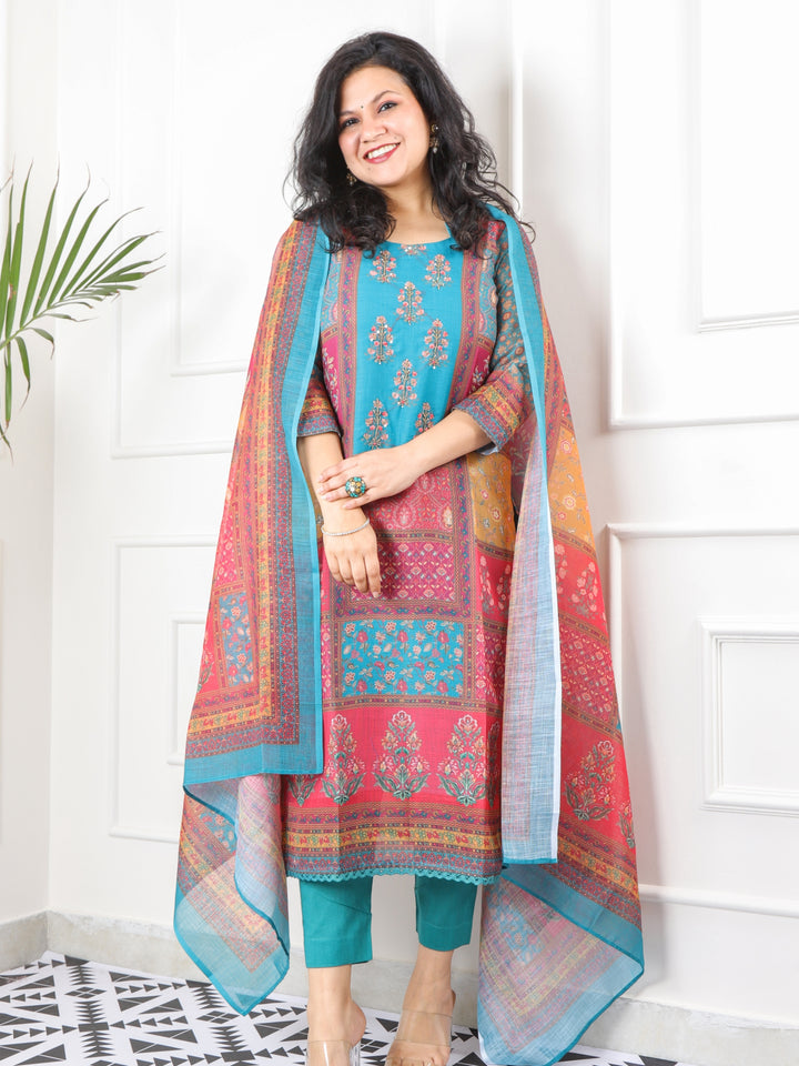 Rukhsati Colorful Moti Work Neck with Printed Cotton Linen 3 Piece Set