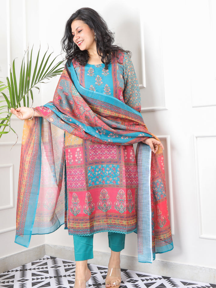 Rukhsati Colorful Moti Work Neck with Printed Cotton Linen 3 Piece Set