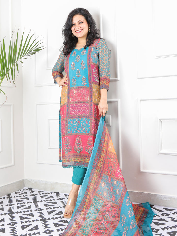 Rukhsati Colorful Moti Work Neck with Printed Cotton Linen 3 Piece Set