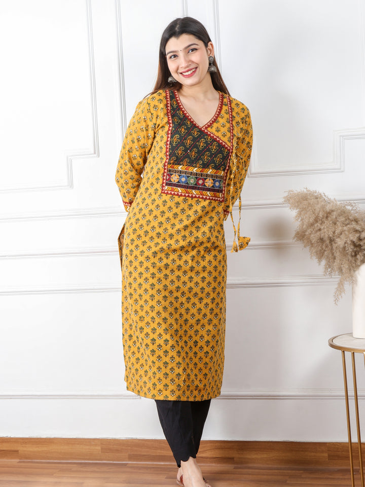 Ghoomer Dijon Yellow Angrakha Style Neck Work Print Cotton Kurti-D1