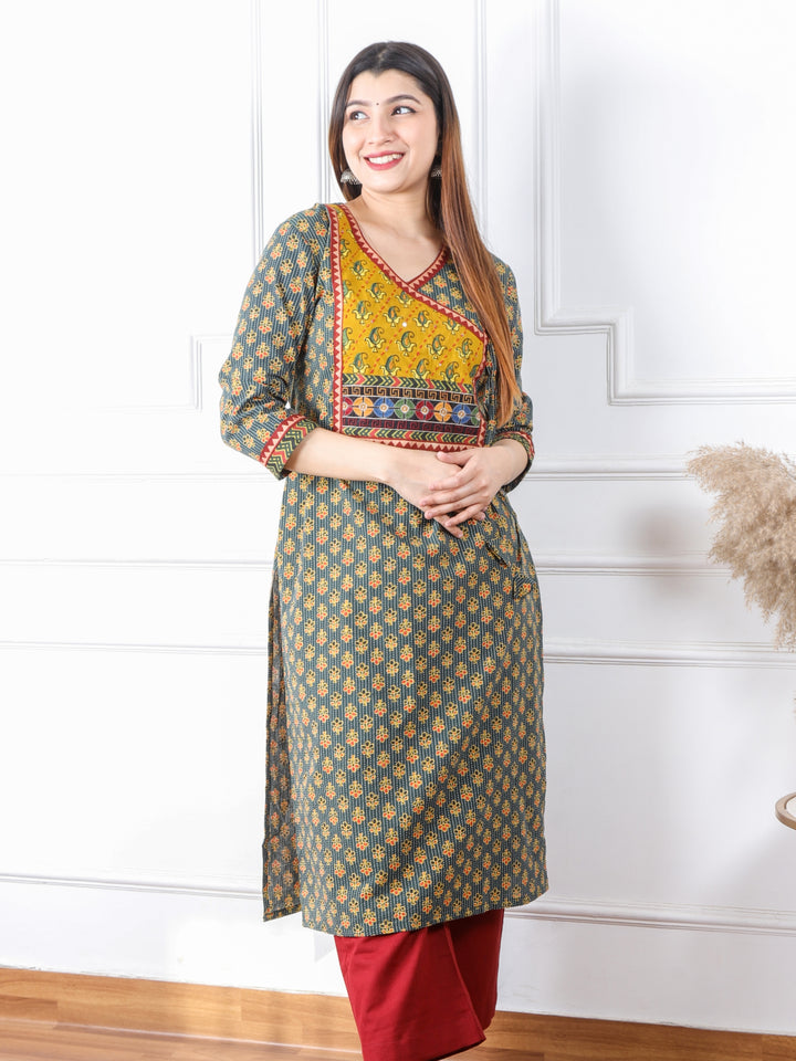 Ghoomer Grass Green Angrakha Style Neck Work Print Cotton Kurti-D1