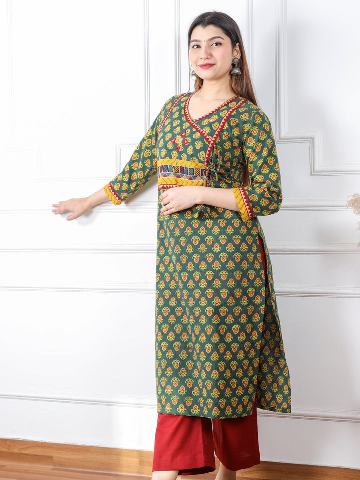 Ghoomer Grass Green Angrakha Style Neck Work Print Cotton Kurti-D2